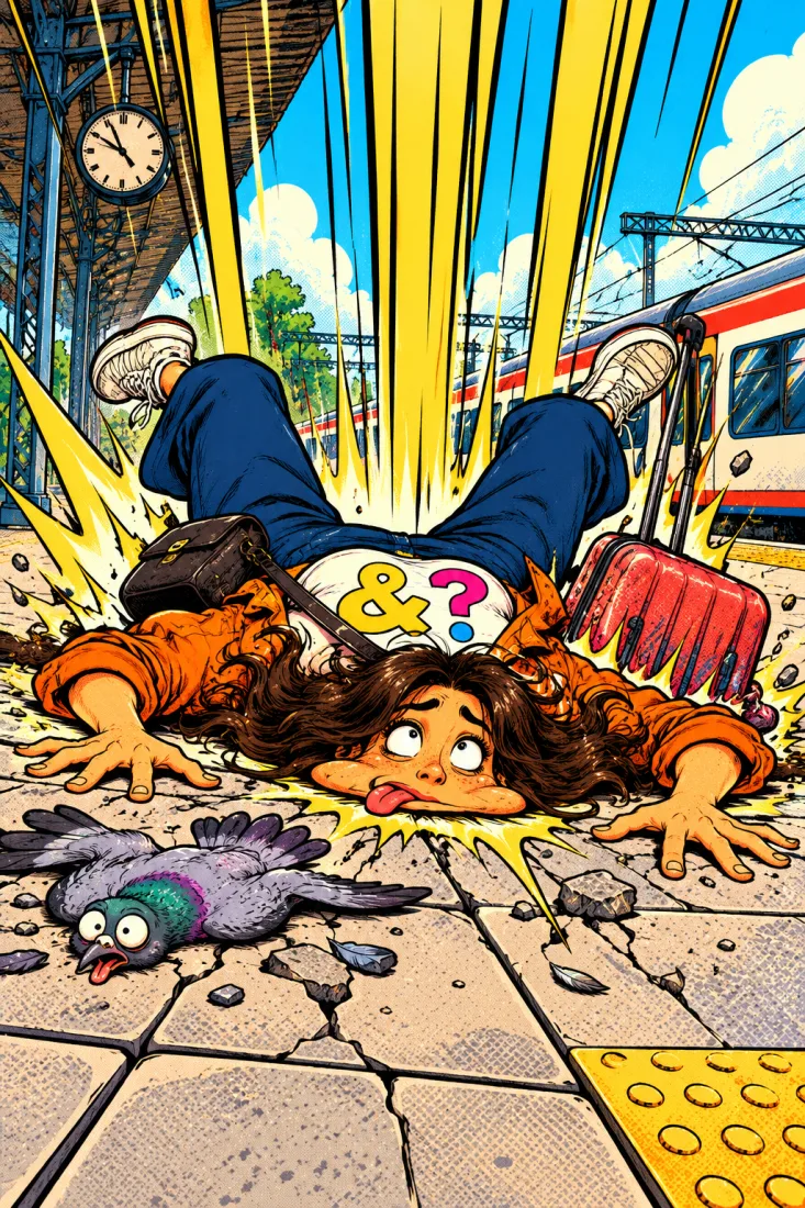 Comic panel: Mia flattened on a train platform under double gravity